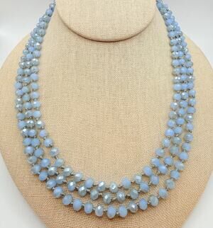 Vtg Blue Chalcedony Hand Knotted Faceted Beads Long Flapper Opera Necklace 57"